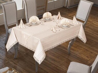 Dowry World - 26 Piece Lacy Eliza Table Cloth Set Cappucino Dowry World - 26 Piece Lacy Eliza Table Cloth Set Cappucino