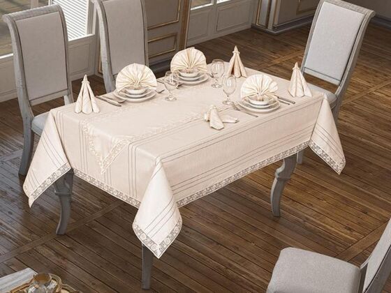 26 Piece Lacy Eliza Table Cloth Set Cappucino