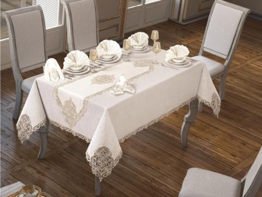 26 Pieces Elegant Luxury Table Cloth Set 160x260 Cm Cream Gold - Thumbnail