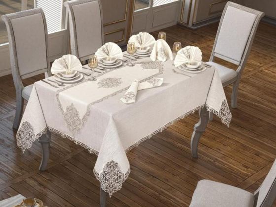 26 Piece Elegant Table Cloth Set Cream Silver