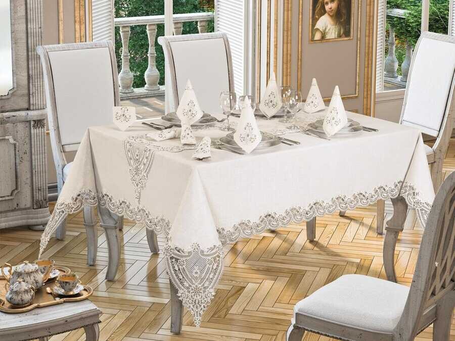 Dowry World - 26 Pieces French Guipure Isabella Garden Table Cloth Set Cream Brown Dowry World - 26 Pieces French Guipure Isabella Garden Table Cloth Set Cream Brown