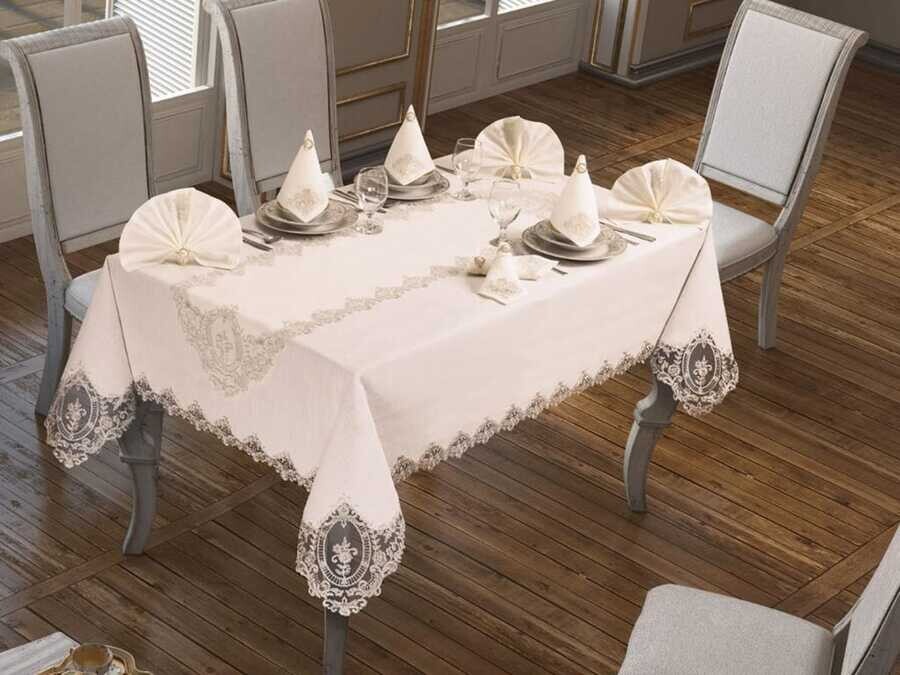 Dowry World - 26 Pieces Linda Table Cloth Set With French Guipure, Cream Dowry World - 26 Pieces Linda Table Cloth Set With French Guipure, Cream