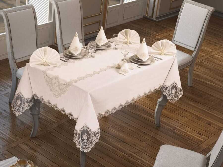 26 Pieces Linda Table Cloth Set With French Guipure, Cream