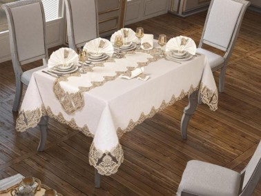 26 Pieces Guipureed Cactus Table Cloth Set Cream Gold - Thumbnail