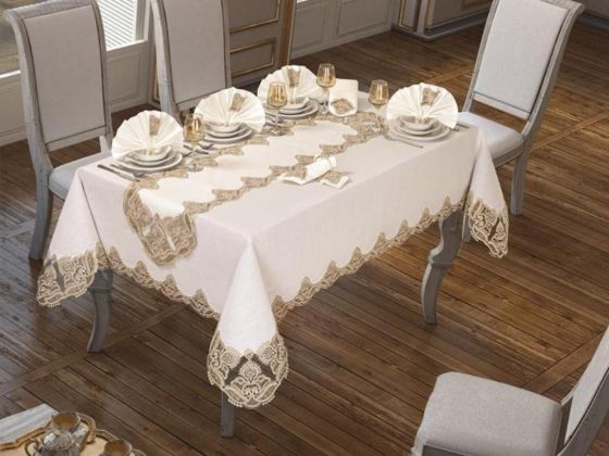 26 Pieces Guipureed Cactus Table Cloth Set Cream Gold