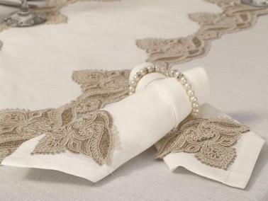 26 Pieces Guipureed Cactus Table Cloth Set Cream Gold - Thumbnail