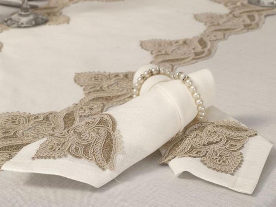 26 Pieces Guipureed Cactus Table Cloth Set Cream Gold