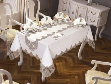 26 Pieces Guipureed Cactus Table Cloth Set Cream Gold - Thumbnail