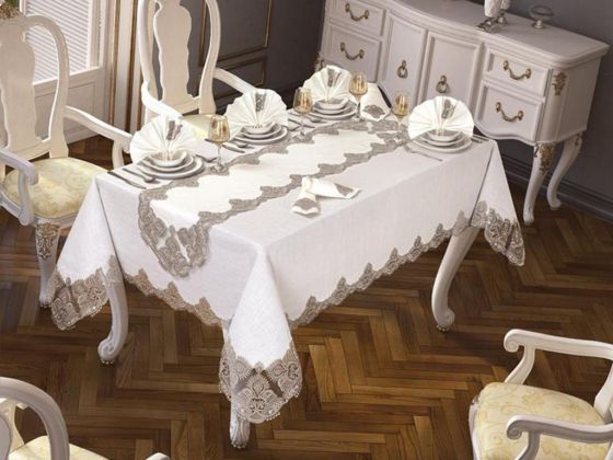 26 Pieces Guipureed Cactus Table Cloth Set Cream Gold