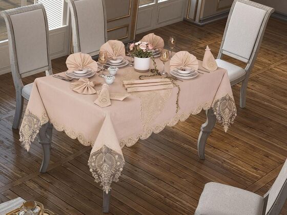 26 Piece Linen Lily Table Cloth Set Cappucino