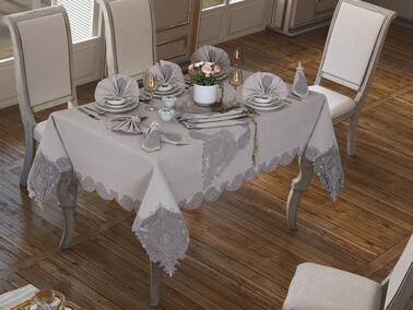 Dowry World - 26 Piece Linen Lily Table Cloth Set Gray Dowry World - 26 Piece Linen Lily Table Cloth Set Gray