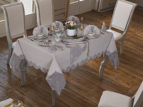 26 Piece Linen Lily Table Cloth Set Gray