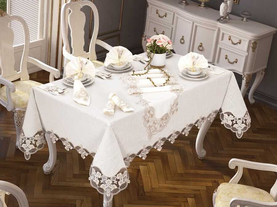 38 Pieces French Guipure Carnation Table Cloth Set Cream Brown - Thumbnail