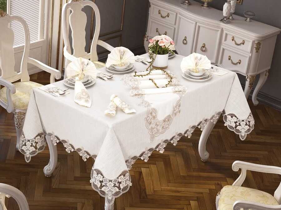 38 Pieces French Guipure Carnation Table Cloth Set Cream Brown