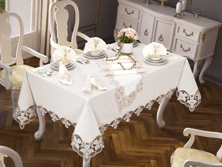 38 Pieces French Guipure Carnation Table Cloth Set Cream Brown