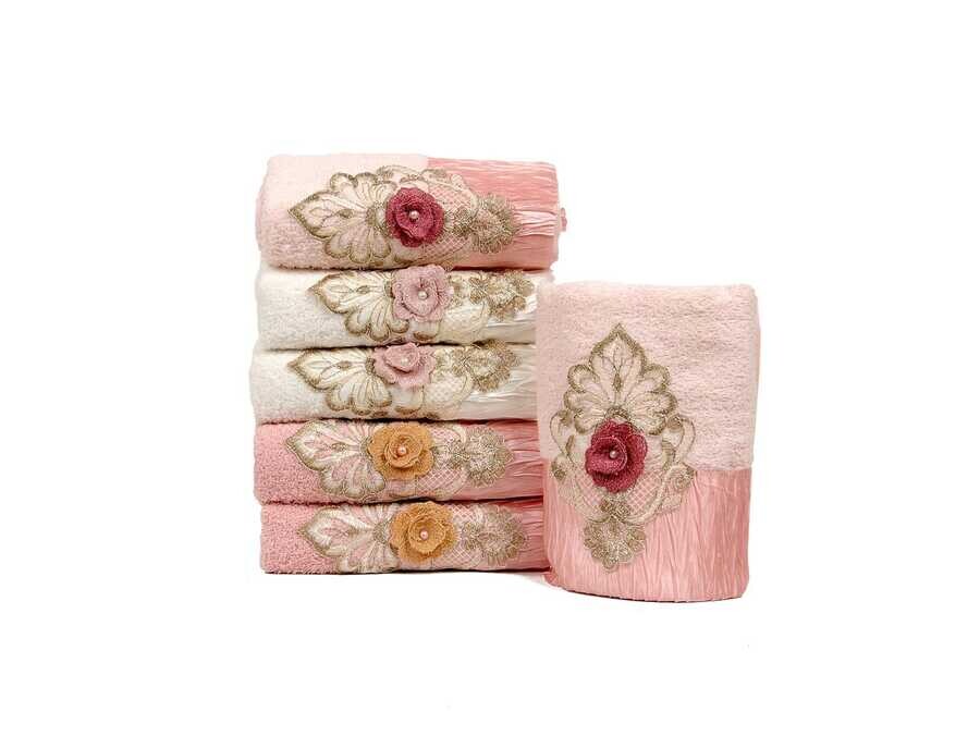 Dowry World - Hand Face Cotton Towel with 3d Applique Yaprak 6-Piece