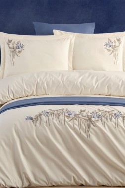 Abelia Embroidered 100% Cotton Duvet Cover Set, Duvet Cover 200x220, Sheet 240x260, Double Size, Full Size Champagne - Thumbnail