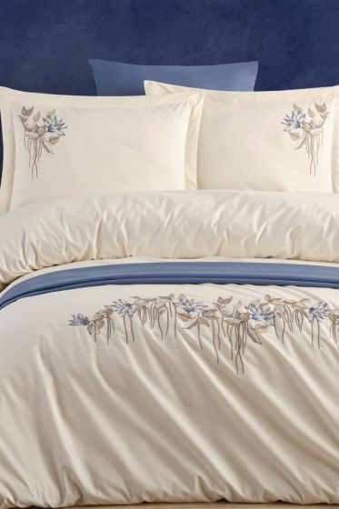 Abelia Embroidered 100% Cotton Duvet Cover Set, Duvet Cover 200x220, Sheet 240x260, Double Size, Full Size Champagne