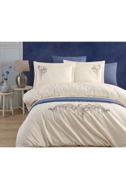 Abelia Embroidered 100% Cotton Duvet Cover Set, Duvet Cover 200x220, Sheet 240x260, Double Size, Full Size Champagne - Thumbnail