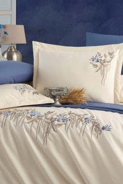 Abelia Embroidered 100% Cotton Duvet Cover Set, Duvet Cover 200x220, Sheet 240x260, Double Size, Full Size Champagne - Thumbnail