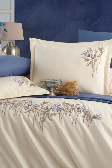 Abelia Embroidered 100% Cotton Duvet Cover Set, Duvet Cover 200x220, Sheet 240x260, Double Size, Full Size Champagne