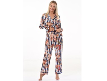 Adeline Satin Pajamas Set 5642b Navy Blue White - Thumbnail