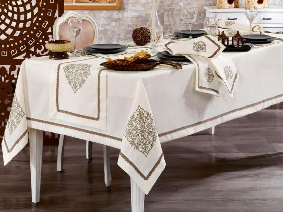 Adenya Embroidered Linen Table Cloth Set 14 Pieces Cappucino