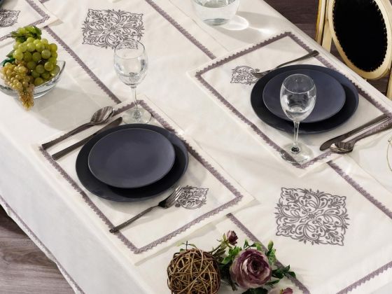 Adenya Embroidered Linen Table Cloth Set 14 Pieces Gray