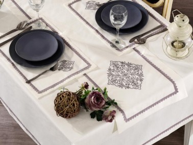 Adenya Embroidered Linen Table Cloth Set 14 Pieces Gray - Thumbnail