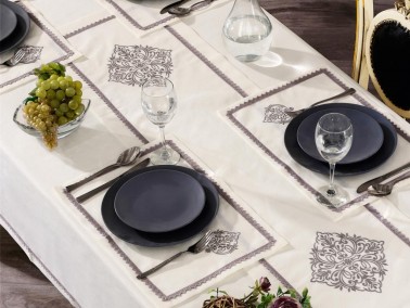 Adenya Embroidered Linen Table Cloth Set 14 Pieces Gray - Thumbnail