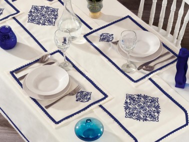 Adenya Embroidered Linen Table Cloth Set 14 Pieces Blue - Thumbnail