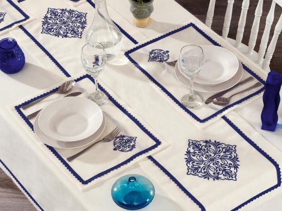 Adenya Embroidered Linen Table Cloth Set 14 Pieces Blue