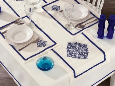 Adenya Embroidered Linen Table Cloth Set 14 Pieces Blue - Thumbnail