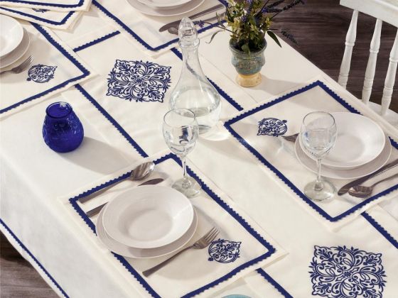 Adenya Embroidered Linen Table Cloth Set 14 Pieces Blue