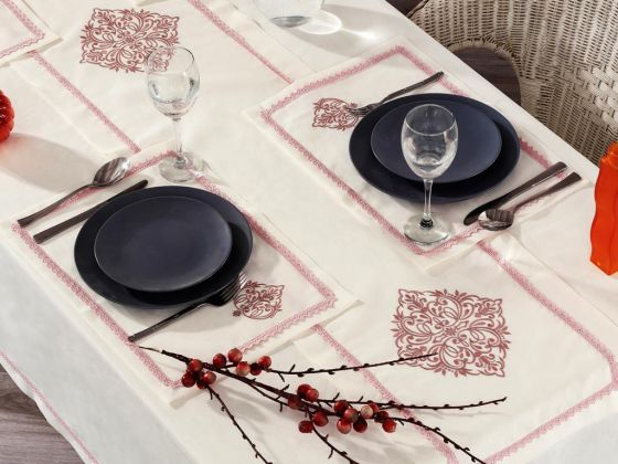 Adenya Embroidered Linen Table Cloth Set 14 Pieces Powder