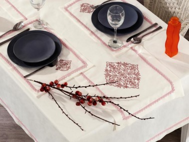 Adenya Embroidered Linen Table Cloth Set 14 Pieces Powder - Thumbnail