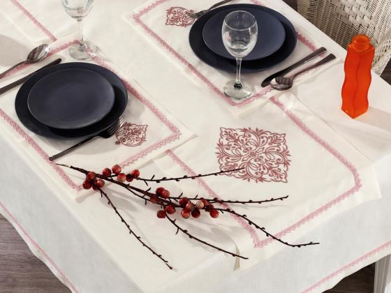 Adenya Embroidered Linen Table Cloth Set 14 Pieces Powder
