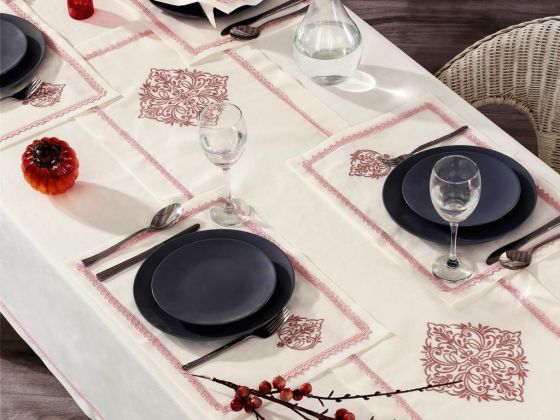 Adenya Embroidered Linen Table Cloth Set 14 Pieces Powder