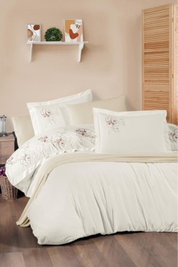 Adora Embroidered 100% Cotton Duvet Cover Set, Duvet Cover 200x220, Sheet 240x260, Double Size, Full Size Ecru - Thumbnail