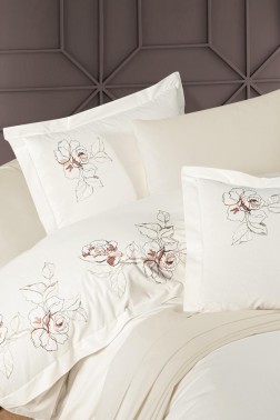 Adora Embroidered 100% Cotton Duvet Cover Set, Duvet Cover 200x220, Sheet 240x260, Double Size, Full Size Ecru - Thumbnail