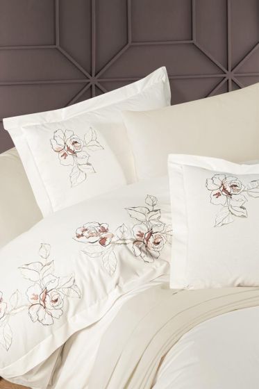 Adora Embroidered 100% Cotton Duvet Cover Set, Duvet Cover 200x220, Sheet 240x260, Double Size, Full Size Ecru