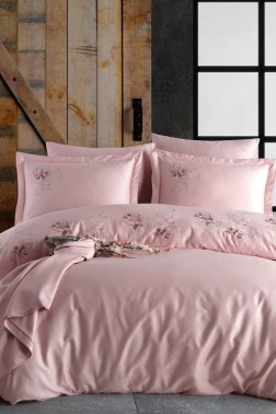 Adora Embroidered 100% Cotton Duvet Cover Set, Duvet Cover 200x220, Sheet 240x260, Double Size, Full Size Pink - Thumbnail