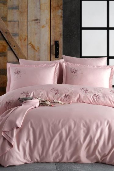 Adora Embroidered 100% Cotton Duvet Cover Set, Duvet Cover 200x220, Sheet 240x260, Double Size, Full Size Pink