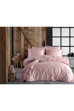 Adora Embroidered 100% Cotton Duvet Cover Set, Duvet Cover 200x220, Sheet 240x260, Double Size, Full Size Pink - Thumbnail