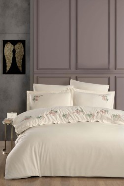 Akila Embroidered 100% Cotton Duvet Cover Set, Duvet Cover 200x220, Sheet 240x260, Double Size, Full Size champagne - Thumbnail