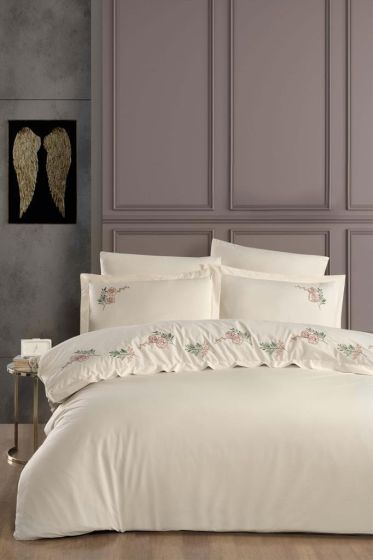Akila Embroidered 100% Cotton Duvet Cover Set, Duvet Cover 200x220, Sheet 240x260, Double Size, Full Size champagne