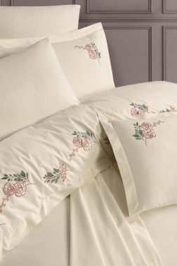 Akila Embroidered 100% Cotton Duvet Cover Set, Duvet Cover 200x220, Sheet 240x260, Double Size, Full Size champagne - Thumbnail
