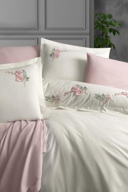 Akila Embroidered 100% Cotton Duvet Cover Set, Duvet Cover 200x220, Sheet 240x260, Double Size, Full Size Ecru - Thumbnail