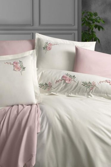 Akila Embroidered 100% Cotton Duvet Cover Set, Duvet Cover 200x220, Sheet 240x260, Double Size, Full Size Ecru