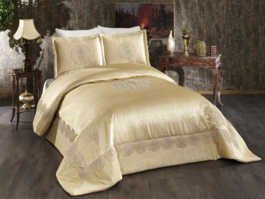 Albeno Embroidered Velvet Double Bedspread Cappucino - Thumbnail